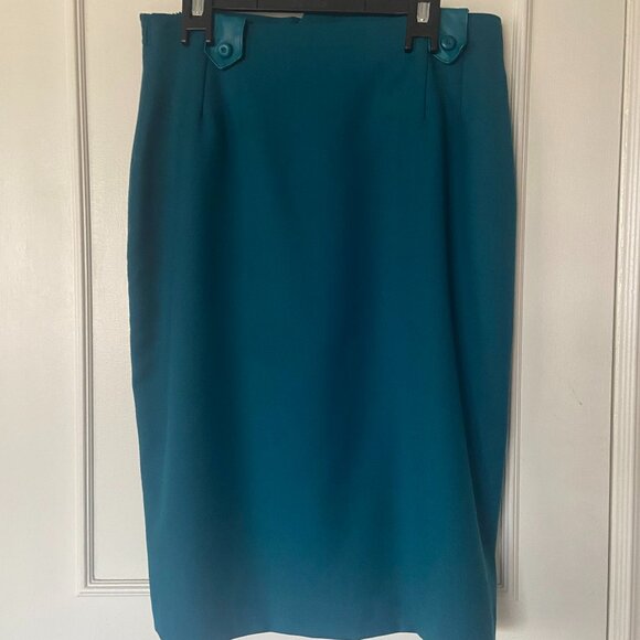 Vintage Teal Skirt with Leather-look accents - Size 8 - Office, Career, Work - Picture 1 of 13